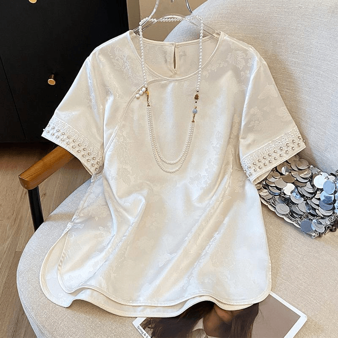 Chinese Style Stain Jacquard Beading Short Sleeve T Shirt Beige S