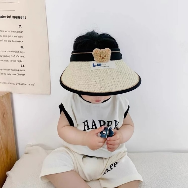 【中國直郵】 親太太 兒童帽夏季小熊草編太陽帽大簷防紫外線遮陽帽 米色均碼 1個 3