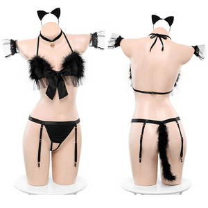 【中国直送】Jiumu Yadai セクシーな下着、セクシーな貧乳、脱ぐ必要なしキャットウーマンのユニフォーム、誘惑的なオープンクロッチパジャマ、ワンサイズ黒とピンク [キャットウーマンのブラジャー + ブレスレット + 猫のしっぽ + T パンツ + 同じ網タイツのフルセットストッキング＋猫耳ヘアピン】
