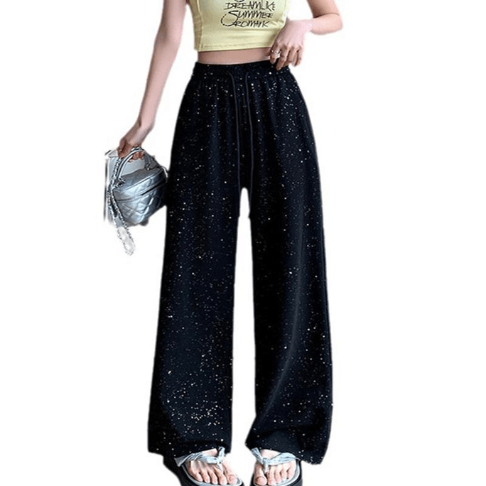 Women Ice Silk Hot Diamond High Waist Wide Leg Casual Pants 3XL