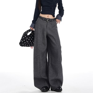 Fleece Lined Wool Blend Casual Pants Womens New Style Thickened Retro High Waisted Loose Wide Leg Floor Length Trousers Dark Gray S