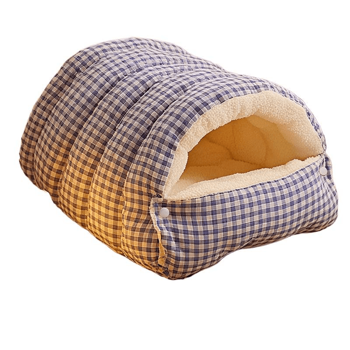 Semi-enclosed Pet Bed, Detachable & Washable, Blue White Plaid, Size M, For Pets Under 15lbs