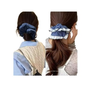 甄选好物 蓝色百搭格纹蝴蝶结大肠发圈女高级感头花发绳丸子头绳扎头发皮筋 1对