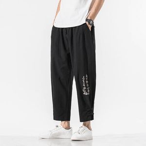 Chinese Style Linen-Cotton Embroidery Loose Cropped Pants for Men Black 5XL
