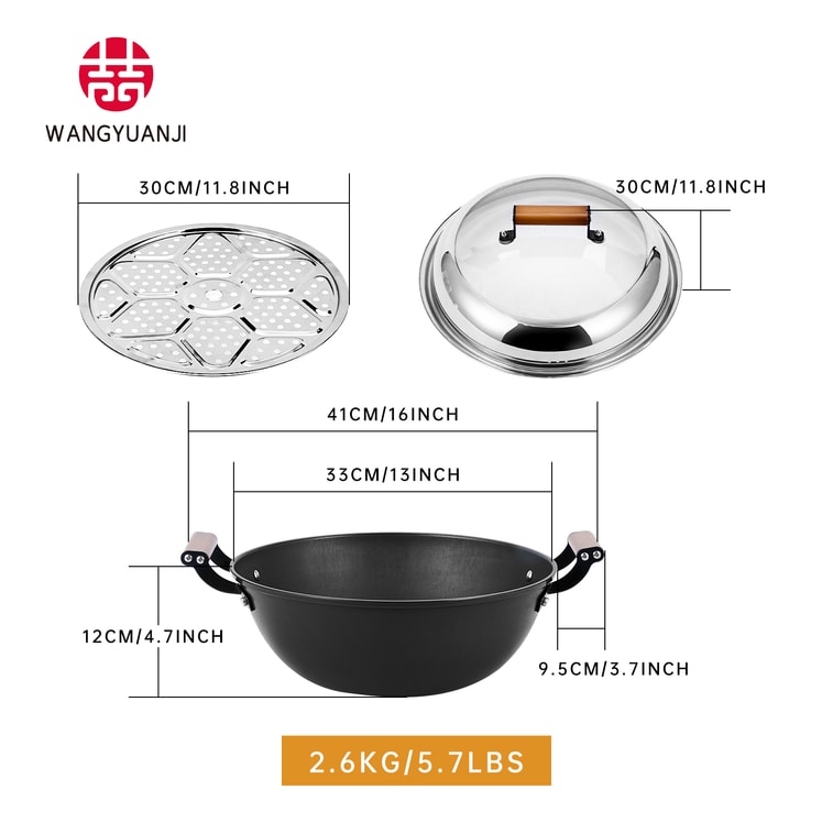 王源吉 ⭐蒸炖全能⭐【完美之选】 32cm 双耳铁锅带蒸笼 无涂层健康烹饪 高效均匀加热 一锅多用省时省力 10