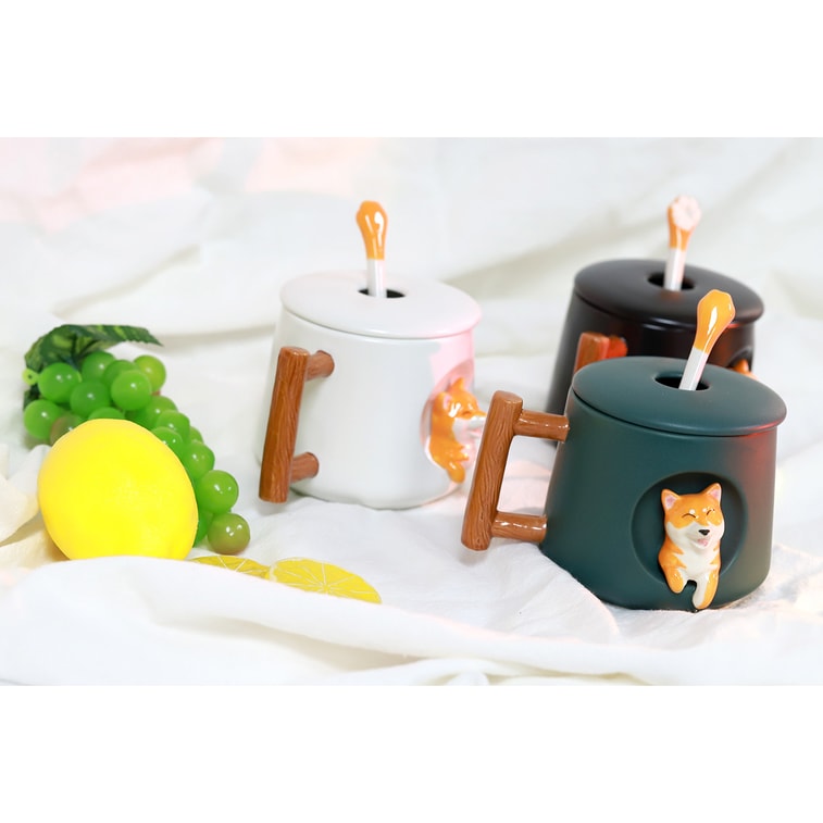 GINKGOHOME Cute Dog Ceramic Mug Wood Handle Design With Spoon And Lid - Green 16oz 10