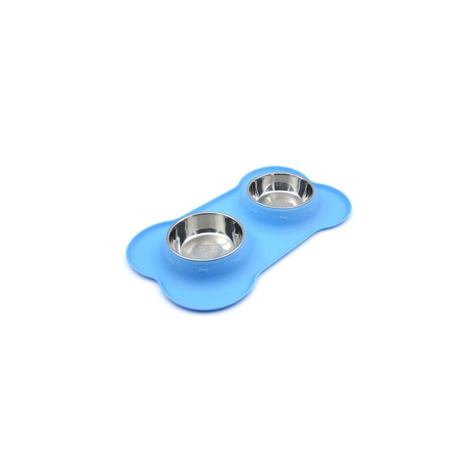 Dog Cat Bowls Stainless Steel Double Dog Food and Water Bowls with Silicone Mat Or Small Dogs Cats Blue