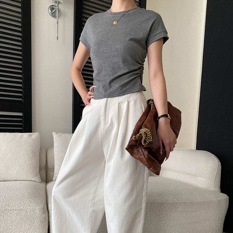 Paper Man Wearing Simple and Versatile Round Neck Folded Waist Slimming Short Sleeve T-shirt White L 4