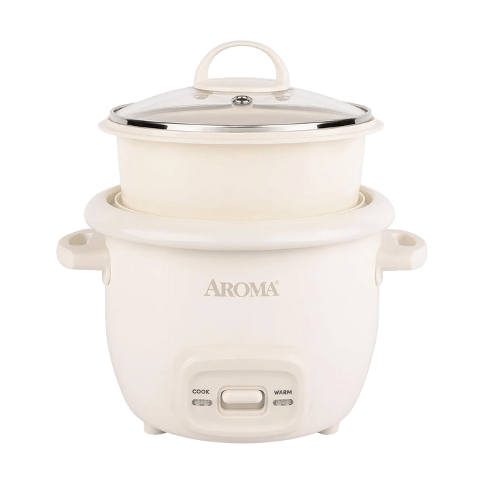 AROMA 多功能迷你电饭煲 3杯 0.8QT 弹出式蒸笼煮饭蒸菜一机多用 一键操作自动保温 奶油色