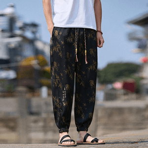 Chinese Style Bamboo Print Silk Loose Harem Cuffed Pants Black M