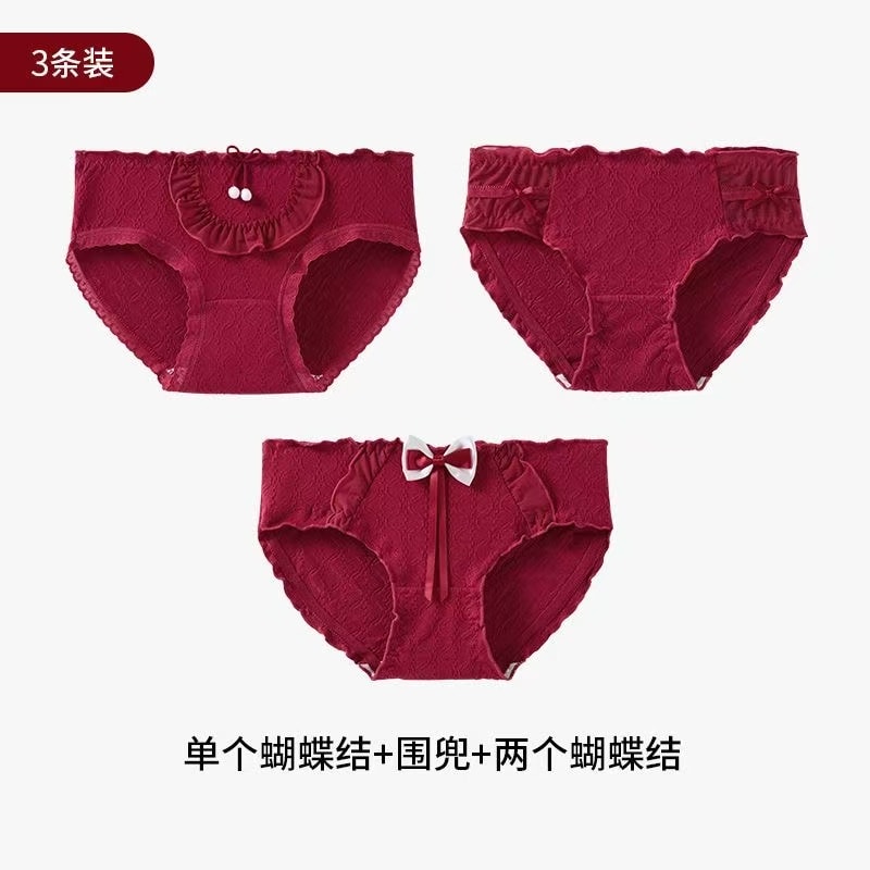 Pure Cotton Antibacterial Women's Mid-Waist Triangle Shorts (3-Pack, 90-130 lbs) - Red