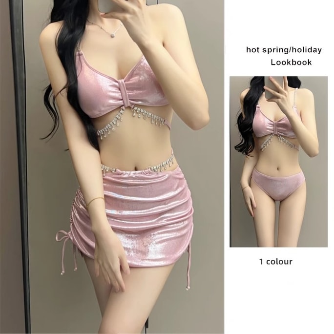 【中国からの直送】マダム様、スリーピースのピュアでコンサバティブなビキニ、スリミングとセクシー、光沢のあるピンク、S（75-90キロに推奨）、1枚