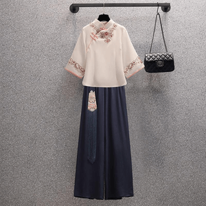 Chinese Style Embroidered Knot Button Cheongsam Hanfu Sets for Women Pink M