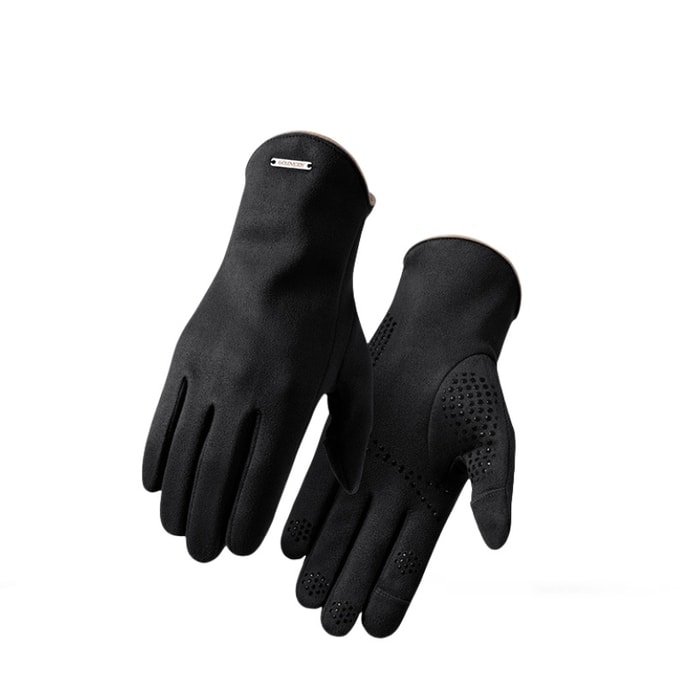 Men's Warm Gloves Outdoor Cycling Suede Thickened Anti Slip Touch Screen Black