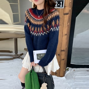 Women's New Holiday Rhapsod  Retro Fair Isle Intarsia Crew Neck Sweater navy blue One Size