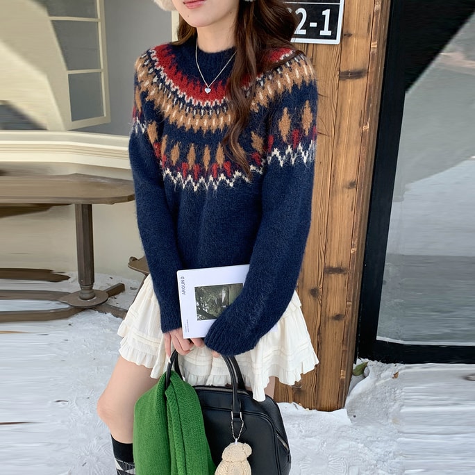 Women's New Holiday Rhapsod  Retro Fair Isle Intarsia Crew Neck Sweater navy blue One Size