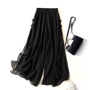 【中国直送】ASISスタイル ハイウエスト ボタン ゆったり 9分丈 ワイドレッグパンツ - ブラック L