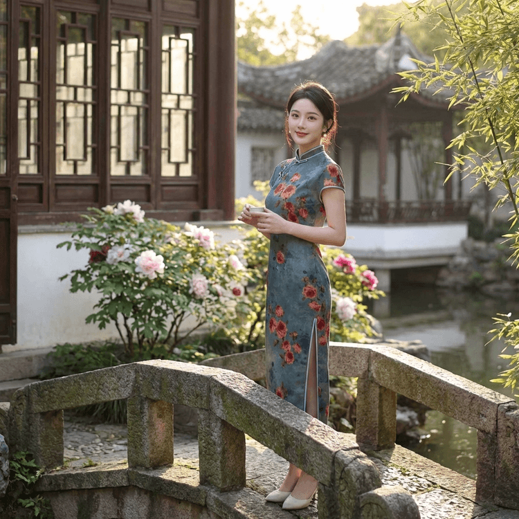 qipao dress short 100% Mulberry Silk Xiangyunsha Dusty Blue Red Rose Sleeve L Size Moderate Thickness Short Qipao Sexy Short Qipao