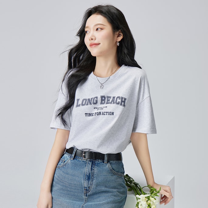 HSPM New Loose And Minimalist Letter Printed Round Neck T-Shirt With Light Floral Gray S