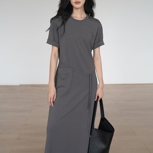 New Commuting Style Simple Short Sleeved Shoulder Long Dress Pearl Gray F