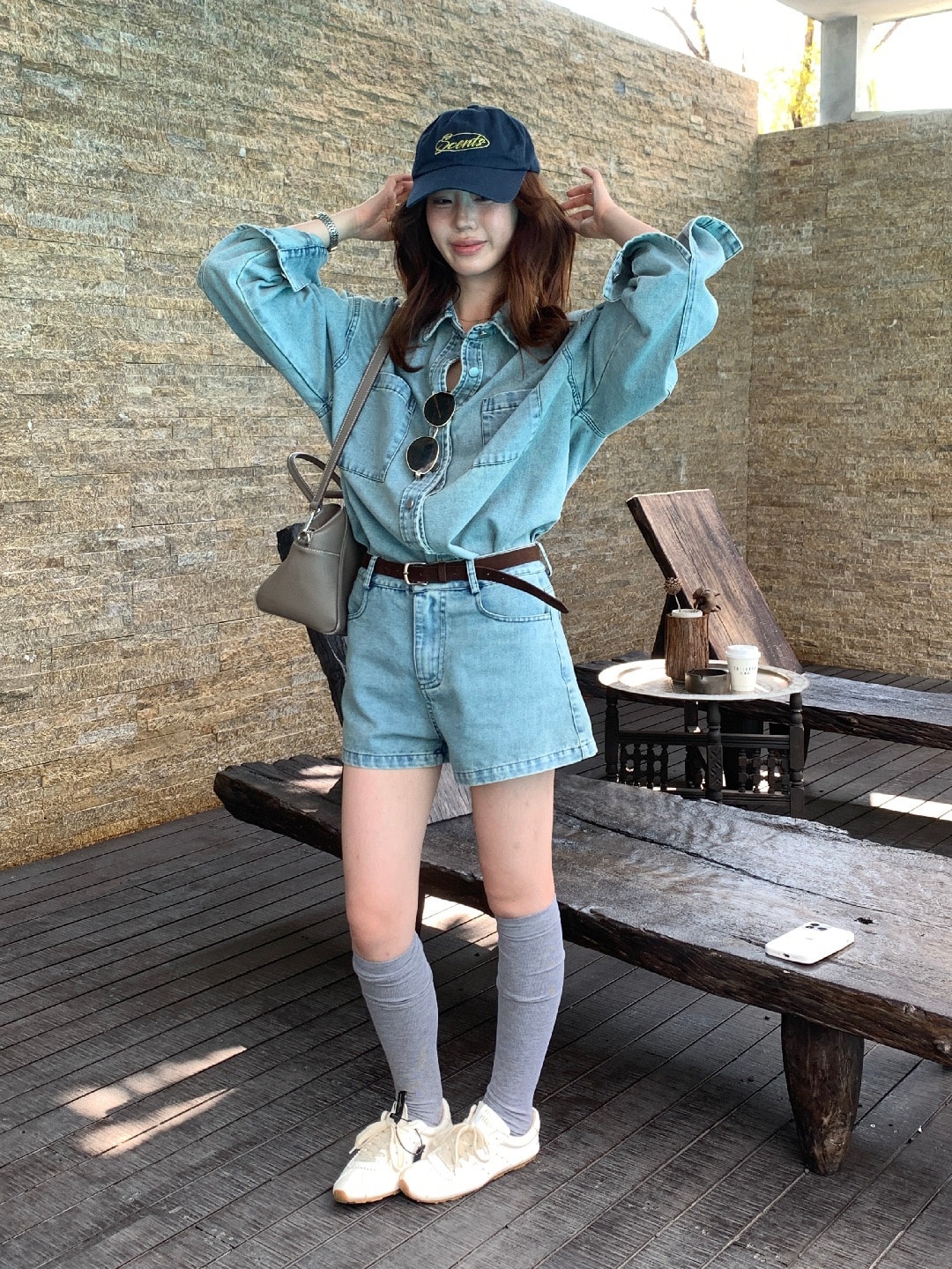 【加拿大直邮】 加拿大 SCENARIO 复古水洗牛仔 衬衫+短裤 2件套装 S-M码 蓝色 蓝色 M