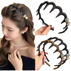 엄선된 고급 상품: 여성용 사각 라인스톤 하이 헤어밴드, 데일리룩, 고급스러운 디자인, 톱니 모양, 미끄럼 방지, 2개입 (블랙 + 브라운)