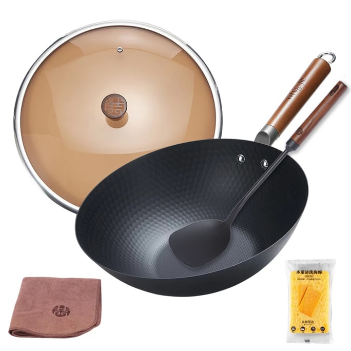 WANGYUANJI Lightweight Cast Iron Wok + Spatula Set Carbon Steel Pan No Coated Flat Bottom Skillet For All Stoves 30CM