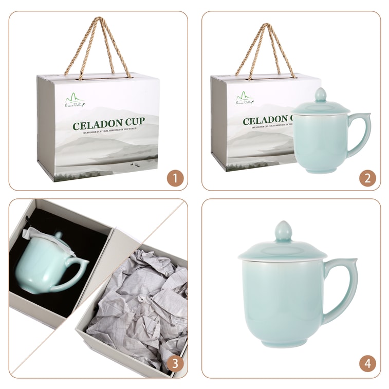 Celadon Teacup Coffee Mug Milk Cup Green Valley Ancient Chinese Generals Celadon Cup with Lid 15oz Light Greenish Blue 6