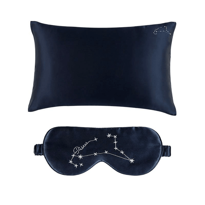 Zhenju Manito Stellar (Pisces - Deep Sea Blue) Zodiac Mulberry Silk Embroidered Eye Mask Pillowcase, 1 piece