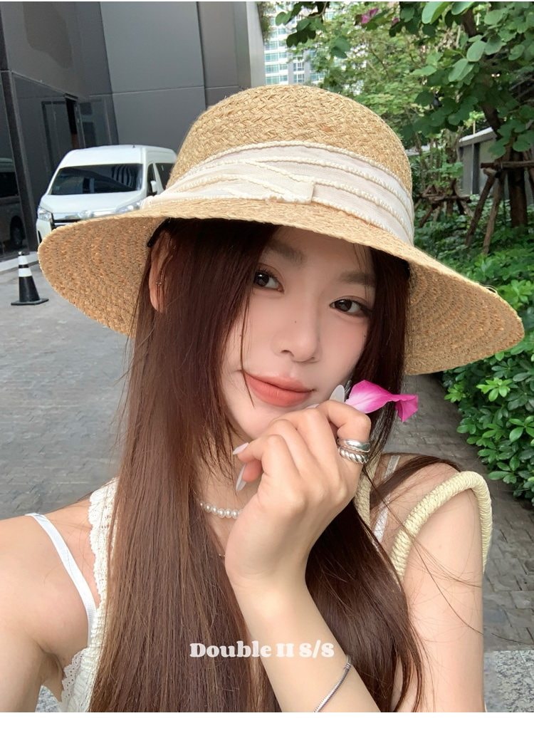 【中国直邮】 亲太太 天然拉菲草渔夫帽子女夏沙滩草帽遮阳防晒礼帽爆款 白色编织带 一个装