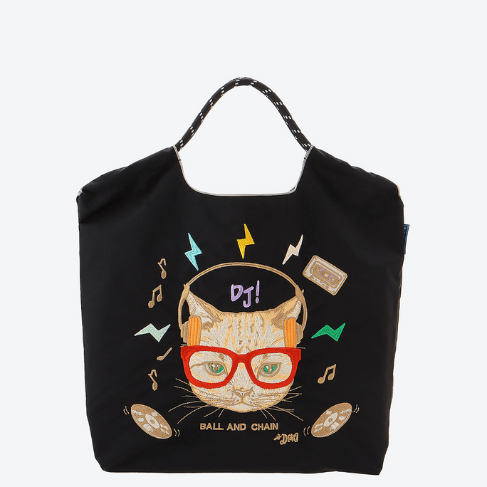 Ball Chain Embroidered Reusable Bag Lightning Cat Black Medium