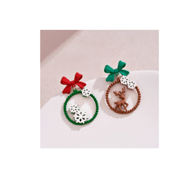 Asymmetrical red and green bow + circle + snowflake reindeer earrings (Pair pack)