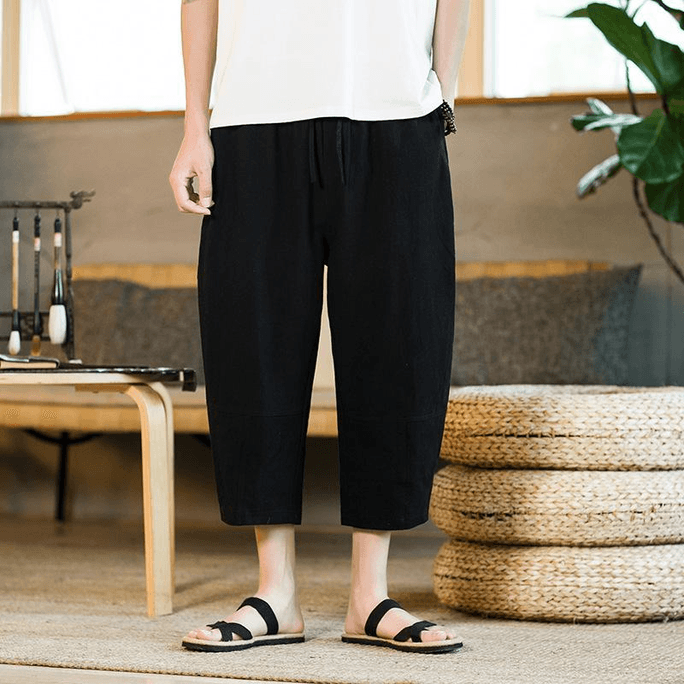 【中国からの直送】ASISスタイル コットンリネン ゆったり カジュアル クロップドパンツ - ブラック M