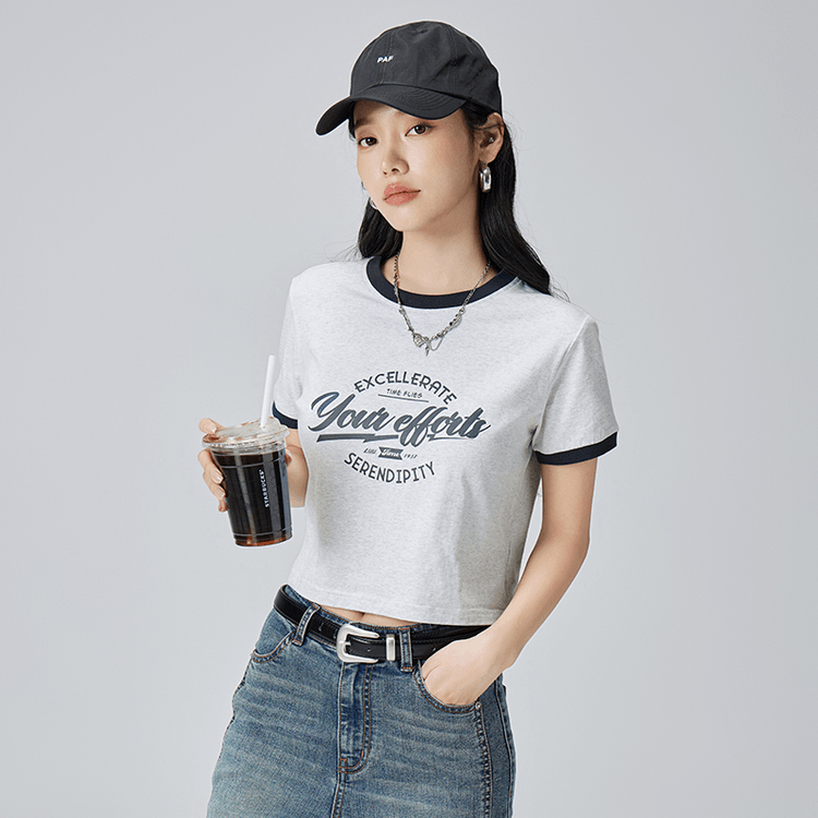 【中国直送】HSPM ニューレトロレタープリントショルダー半袖Tシャツ ライトグレー S