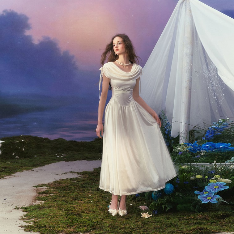 French Palace Design White Dress Slouch Neck Dress High-end White XL Size 8