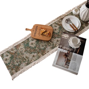 【中國直郵】 HSPM 新款法式復古流蘇桌旗 綠色油畫白須 30-275