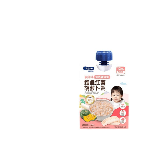 【中国直邮】BeBecook宝宝儿童婴儿辅食外出即食营养粥 三阶段 12M+鳕鱼红薯胡萝卜粥150g*1袋