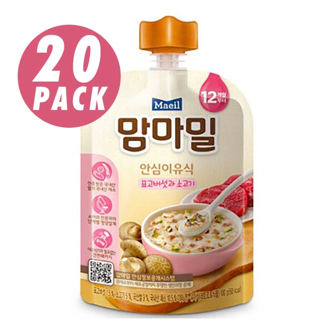 韓國Maeil媽媽餐 20包 嬰兒食品 12個月 蘑菇牛肉 原味 ($3.25/Count)