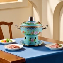 Cloisonné single-person copper hot pot, enamel hot pot, Beijing-style copper hot pot for shabu-shabu, blue.