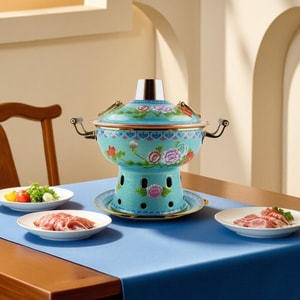 Cloisonné single-person copper hot pot, enamel hot pot, Beijing-style copper hot pot for shabu-shabu, blue.