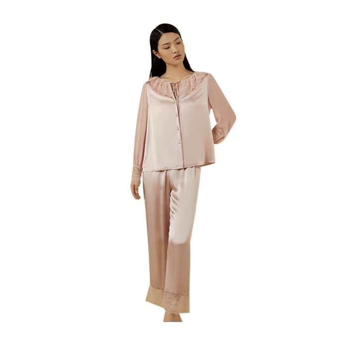 Real Silk Women's Pyjamas Lace Stitched Clothes And Trousers Cover Homewear YSFCA207# Clay Powder M