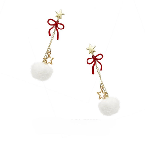 Two Long Christmas Bow Star Plush Ball Earrings