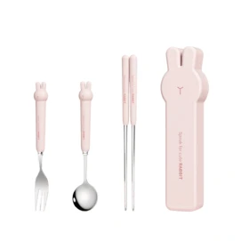 Bunny Handle Portable Set 304 Stainless Steel Spoon Fork and Chopsticks Pink Bunny 3 Piece Set