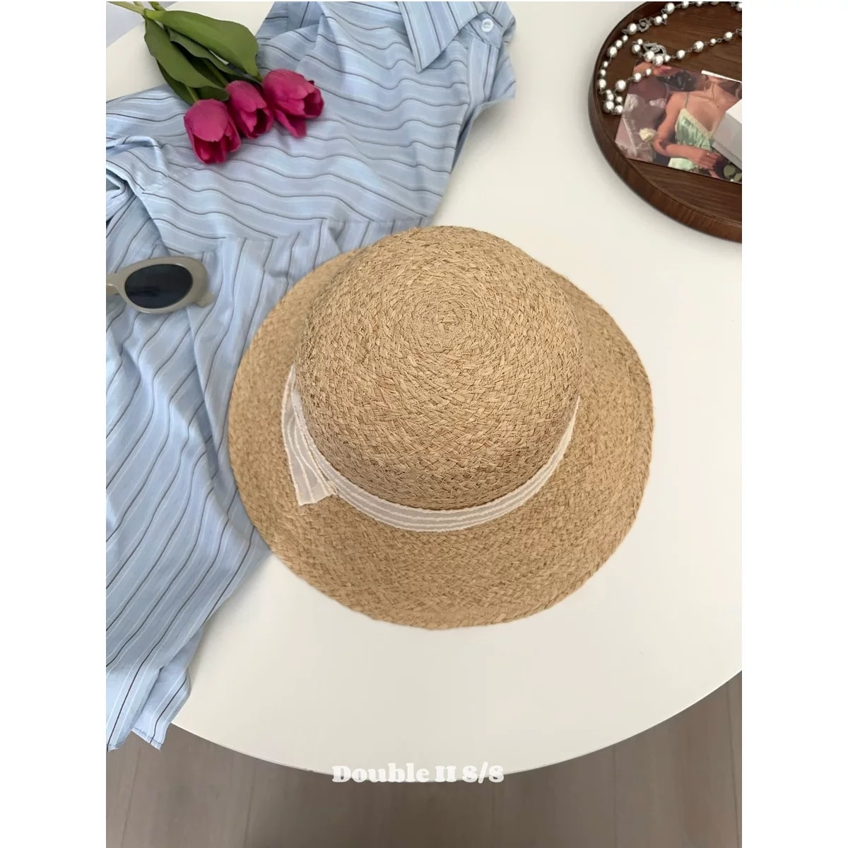 【中国直邮】 亲太太 天然拉菲草渔夫帽子女夏沙滩草帽遮阳防晒礼帽爆款 白色编织带 一个装