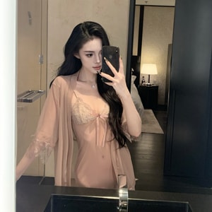美国 PinklemonLA 「轻纱缦语·法式蕾丝透纱睡裙套装」轻盈雾纱外袍 蕾丝吊带裙 同色内搭 3件套