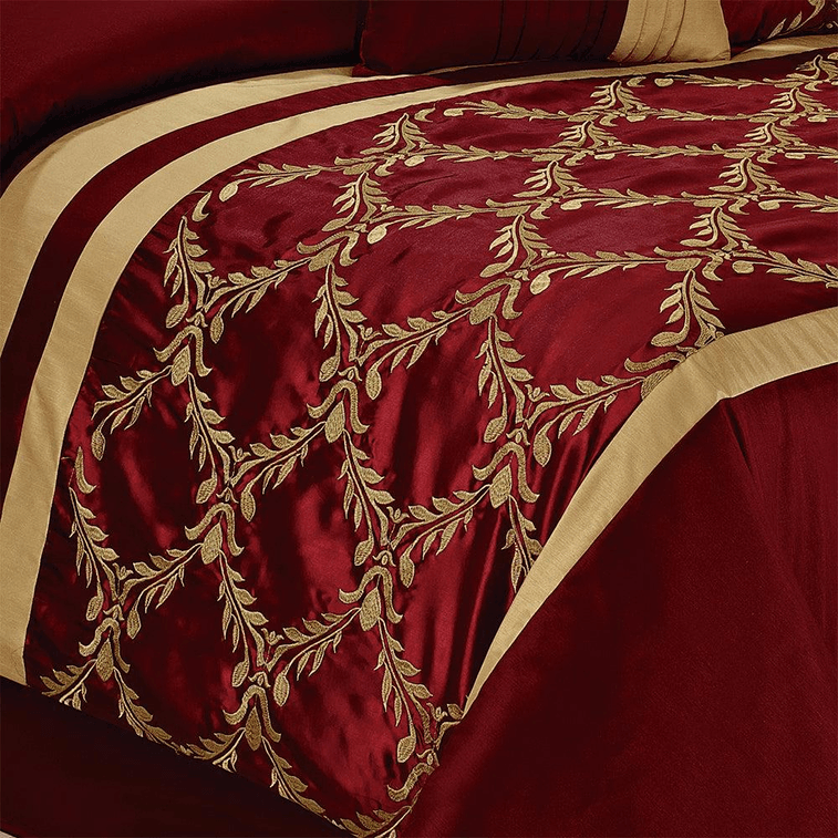 7 Piece Luxury Bedding Collection Burgundy Gold Embroidered Comforter Set Burgundy / Queen 4