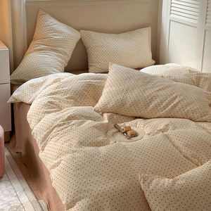 【中國直郵】Lullabuy 日系簡約波點 純棉雙層皺皺紗床上四件套床上用品家居好物(床單*1+被套*1+枕頭套*2)Double Size 提拉米酥