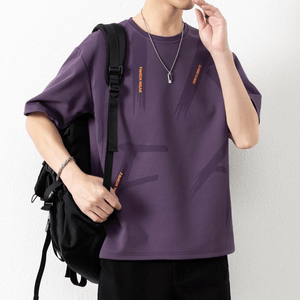 Mens Summer Loose Short Sleeve Print Casual T Shirt Purple 3XL