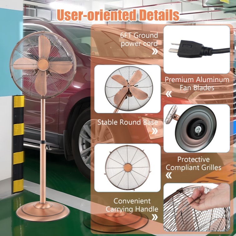 16 Pedestal Standing Fan Oscillating Pedestal Fan With 3 Speeds And Adjustable Height-Copper 3