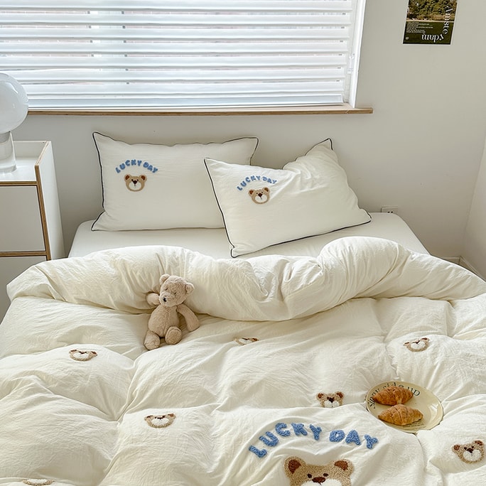 Cute Bear Embroidery Bedding Set Queen Size White